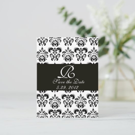 MONOGRAM VOOR ZWARTE EN WITTE DAMASKMONOGRAM AANKONDIGINGSKAART (Staand voorkant)