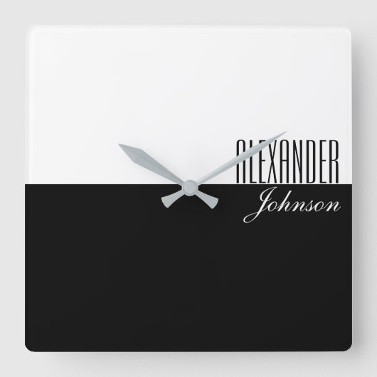 Monogram voor zwarte en witte moderne naam vierkante klok (Voorkant)