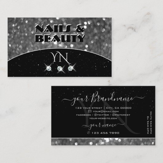 Monogram voor zwarte en zilversparkle Glitter Diam Visitekaartje (Voorkant / Achterkant)