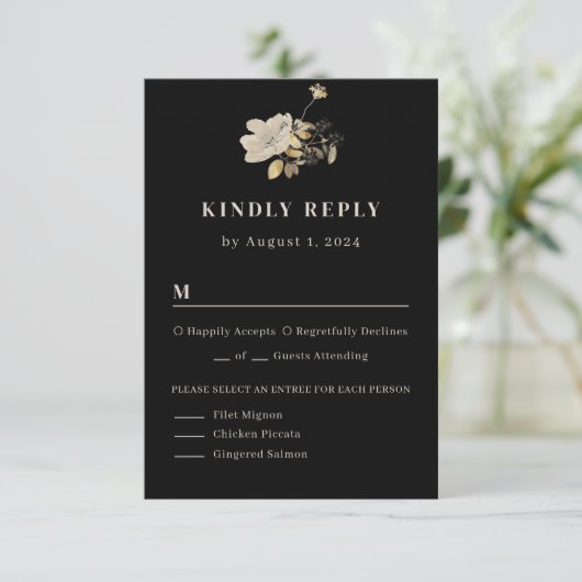 Monogram voor zwarte en zwarte Floral RSVP Kaartje (Staand voorkant)