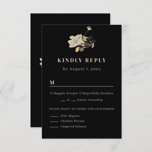 Monogram voor zwarte en zwarte Floral RSVP Kaartje (Voorkant / Achterkant)