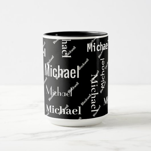 Monogram voornaam en achternaam zwart-wit herhalen mok (Midden)