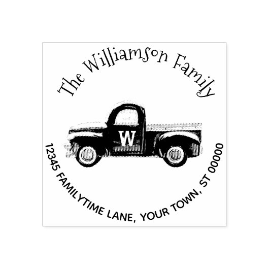 Monogram  Vrachtwagen Familienaam Retouradres Rubberstempel (Afrduk)