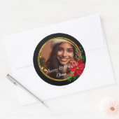 Monogram Vrolijk Helder Kerstfoto Goud Rood Ronde Sticker (Envelop)