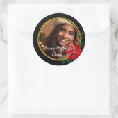 Monogram Vrolijk Helder Kerstfoto Goud Rood Ronde Sticker (Tas)