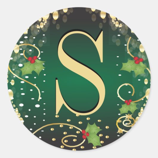 Monogram Vrolijk Kerstfeest - Groen Ronde Sticker (Voorkant)