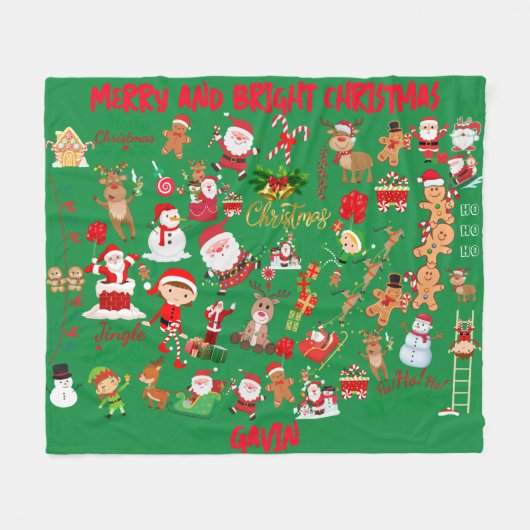 Monogram Vrolijk kerstfeest op groene achtergrond Fleece Deken (Voorkant (Horizontaal))