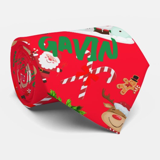 Monogram Vrolijk Kerstfeest op rode achtergrond | Stropdas (Opgerold)