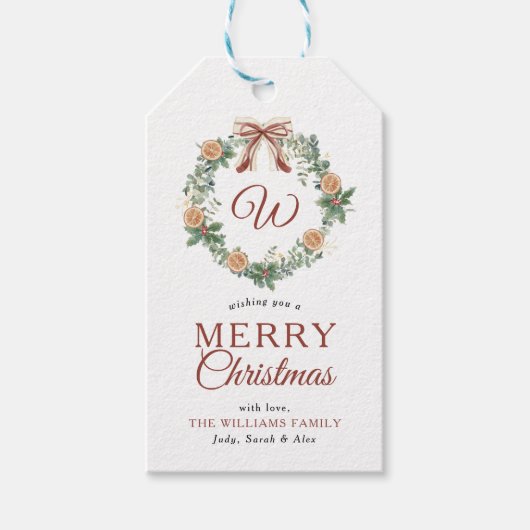 Monogram Vrolijk Kerstfeest Sinaasappels Krans Fot Cadeaulabel (Voorkant)