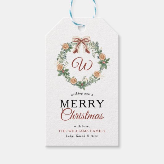 Monogram Vrolijk Kerstfeest Sinaasappels Krans Fot Cadeaulabel (Voorkant)