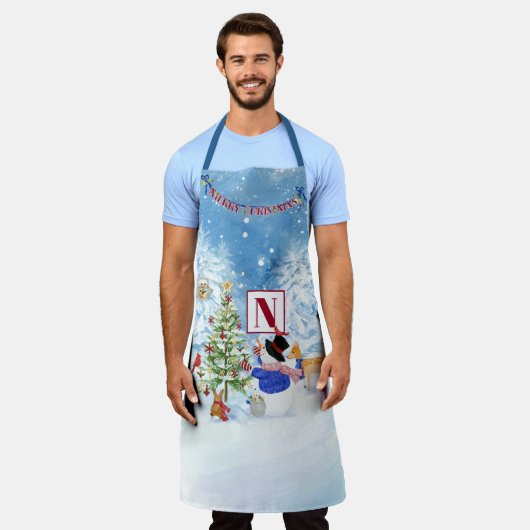 Monogram Vrolijk Kerstfeest Sneeuwman Kardinaal He Schort (Gedragen)