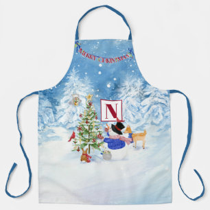 Monogram Vrolijk Kerstfeest Sneeuwman Kardinaal He Schort