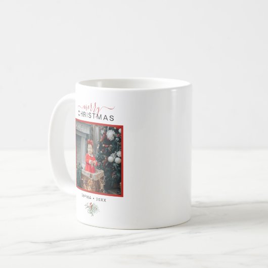 Monogram Vrolijk Kerstfeest Waterverf Holly Foto Koffiemok (Voorkant links)