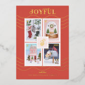 Monogram vrolijke kerstscènes-postzegels folie feestdagenkaart (Voorkant)