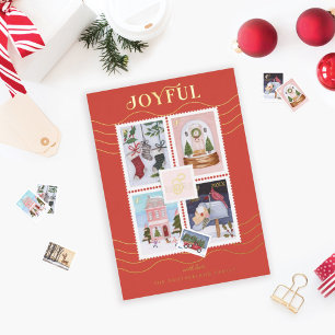 Monogram vrolijke kerstscènes postzegels folie feestdagenkaart
