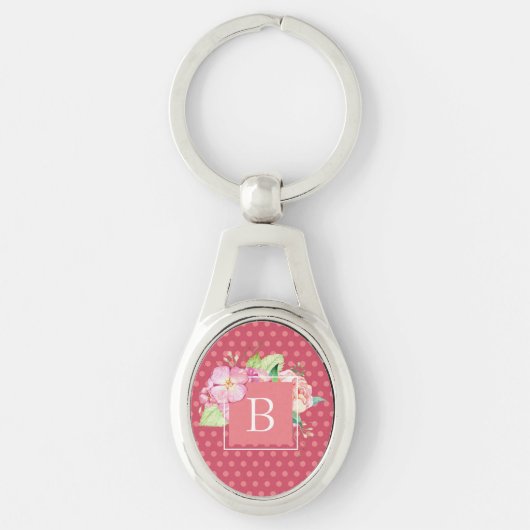Monogram Vrouwelijke Roze Stippen & Roze Koraal Bl Sleutelhanger (Voorkant)