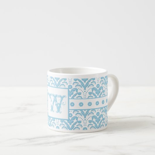 Monogram W Blue Green Elegant Damask Patroon Espresso Kop (Voorkant rechts)