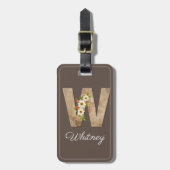 Monogram W bruine houten letter bloem Bagage Label (Voorkant verticaal)