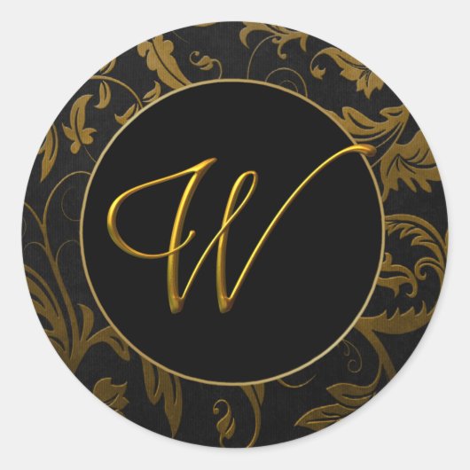 Monogram W Goud en Zwart Damast Bruiloft Seal Ronde Sticker (Voorkant)