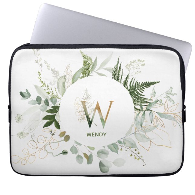 Monogram W Green Elegant Krans Laptop Mouw Sleeve (Voorkant)