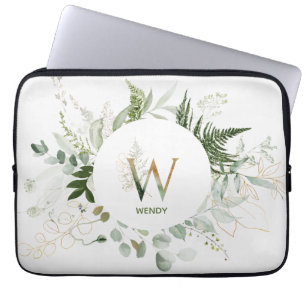 Monogram W Groene gebladerte krans laptop mouw Laptop Sleeve