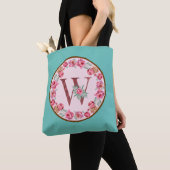 Monogram W Letter met Peony Flower Afbeelding Canv Tote Bag (Dichtbij)