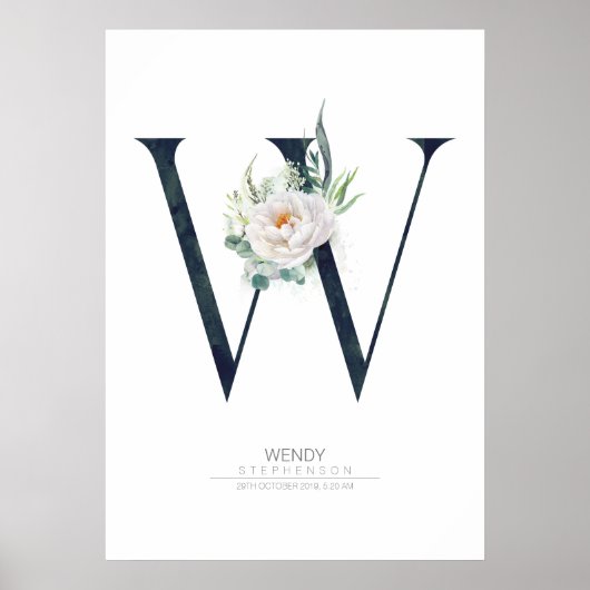Monogram W met witte bloemen en groen Poster (Voorkant)
