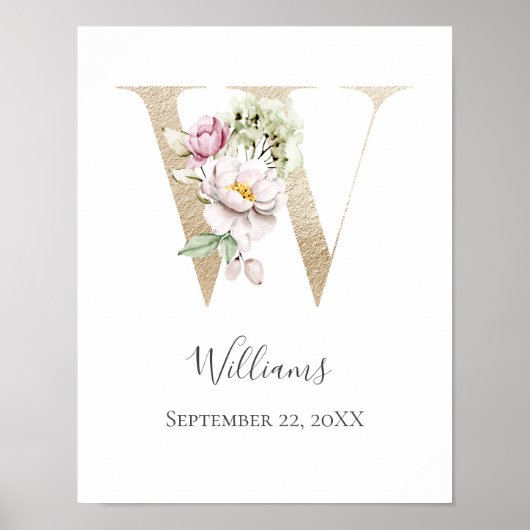 Monogram W roze witte Floral Gold Letter Neursery Poster (Voorkant)