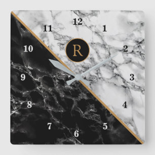 Monogram wandklok met zwarte witte marmer Stone