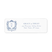 Monogram Wapen Franse Rozen Blauwe Trouwadres Etiket (Voorkant)