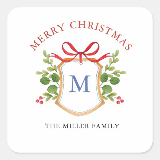 Monogram Wapen met groen Kerstfeestdagen Vierkante Sticker (Voorkant)