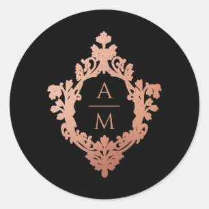Monogram Wapen Zwart Roze Goud Sierlijke Huwelijk Ronde Sticker