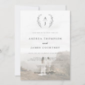 Monogram Wapen Zwart Witte Foto Overlay Trouwfeest Kaart (Voorkant)