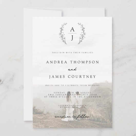 Monogram Wapen Zwart Witte Foto Overlay Trouwfeest Kaart (Voorkant)