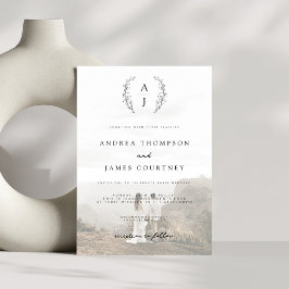 Monogram Wapen Zwart Witte Foto Overlay Trouwfeest Kaart