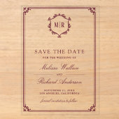 Monogram Wapenrode Huwelijk Save the Date Acryl Uitnodigingen (Voorkant)