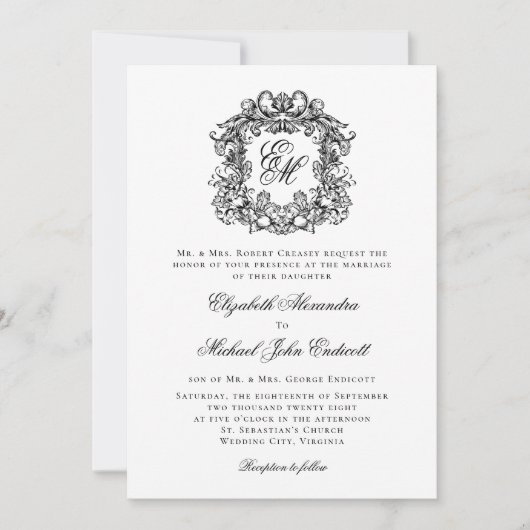 Monogram Wapenschild Elegante Formele Bruiloft Kaart (Voorkant)