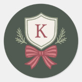 Monogram Wapenschild Groen Rode Kerst Envelopezege Ronde Sticker (Voorkant)