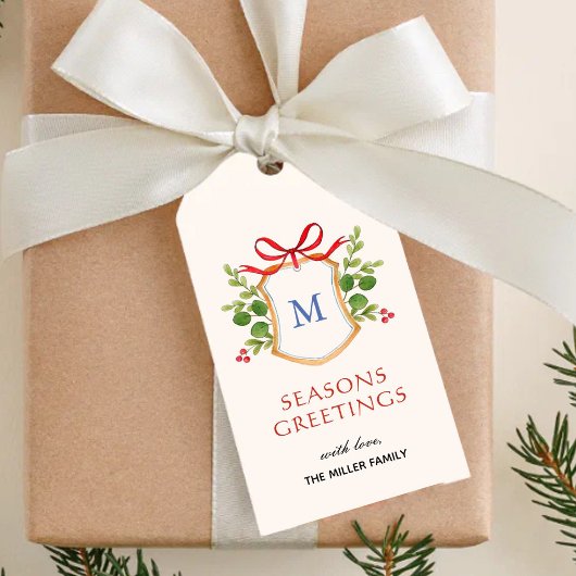 Monogram Wapenschild met groen Kerst Cadeaulabel