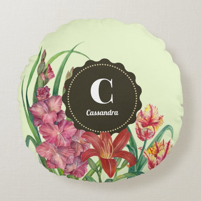 Monogram Warm Kleur Floral Spring Blooms Rond Kussen (Voorkant)