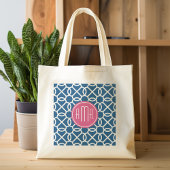 Monogram warm roze en blauw geometrisch patroon tote bag