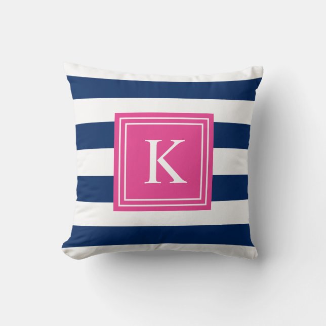 Monogram warm roze en marinemonogram gestript | SI Kussen (Voorkant)