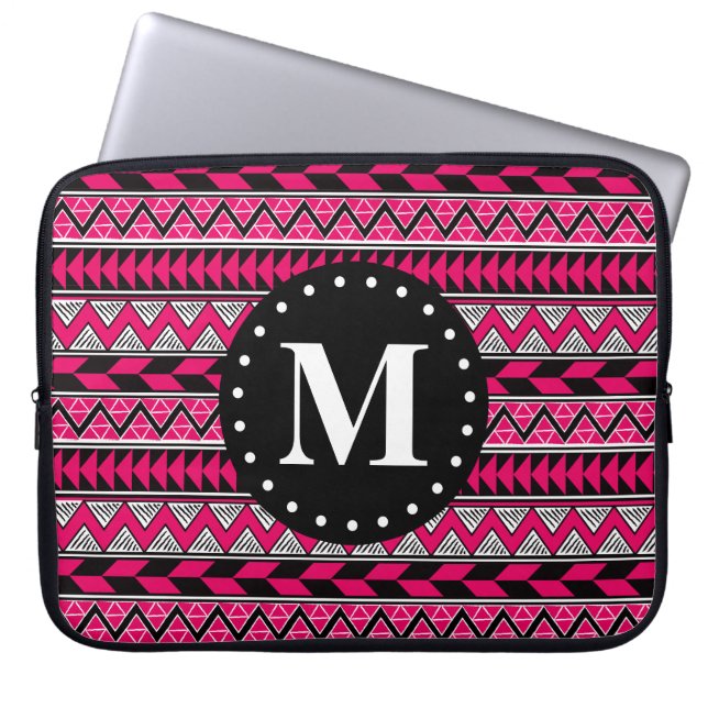 Monogram warm roze tribaal Chevron Pattern Laptop Sleeve (Voorkant)
