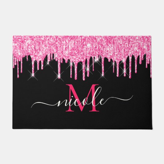 Monogram warmroze druppelaar Glitter Black Deurkle Deurmat (Voorkant)