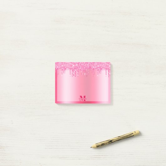 Monogram warmroze druppelaar Glitter Metallic Post-it® Notes (Op bureau)