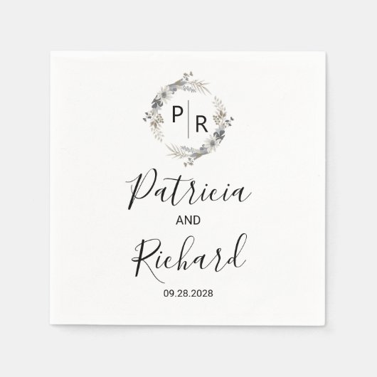 Monogram Watercolor Bloem Bruiloft Servet (Voorkant)