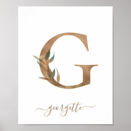 Monogram Watercolor Bloem Goud Letter G Poster