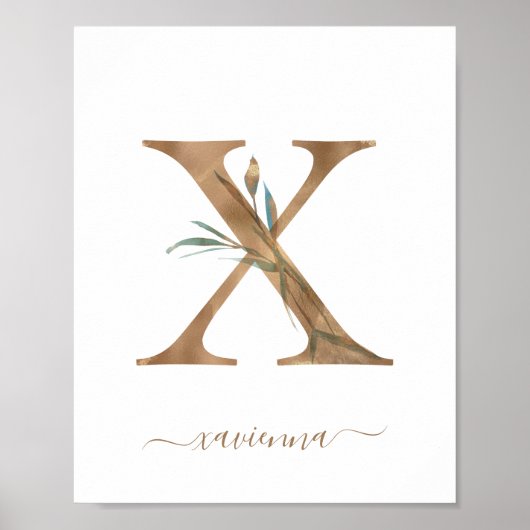 Monogram Watercolor Bloem Gouden Letter X Poster (Voorkant)