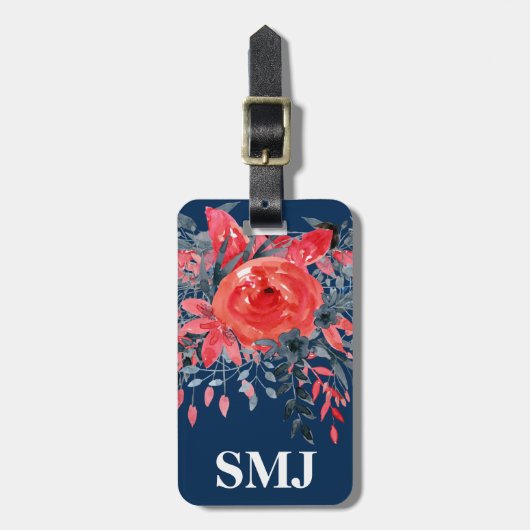 Monogram Watercolor Bloem Motief Blauwe Denim / Ro Bagagelabel (Voorkant verticaal)