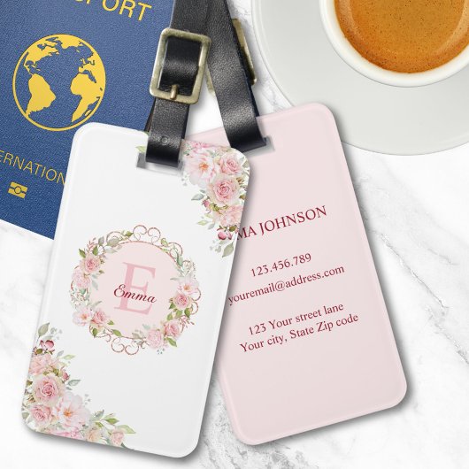 Monogram Watercolor Blush Pink Rose Flowers Floral Bagagelabel